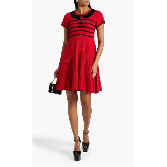 RedValentino Striped Ribbed Wool Knit Pleated Mini Dress Bow Detail Designer M - Picture 1 of 11
